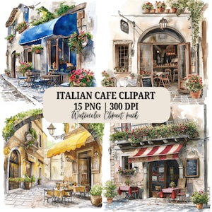 Conjunto de imágenes prediseñadas de acuarela de café italiano / 15 imágenes PNG / Uso comercial / Cafés, cafeterías, calles italianas / Descarga digital / 300 DPI