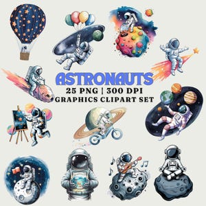 Pacote de clipart de astronautas, 25 arquivos PNG, conjunto de gráficos de exploração espacial, 300 DPI, arte espacial, download digital, uso comercial