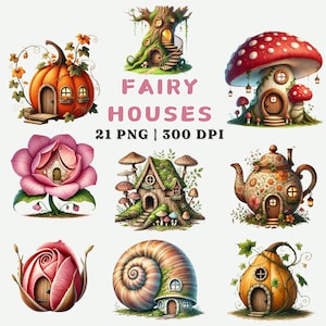 Fairy Houses Clipart Bundle, 21 PNG, Whimsical Cottage Art, 300 DPI, Fairy Tale Home PNG, Printable Art, Digital Download, Commercial Use