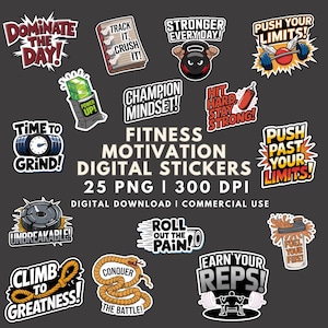 Pakiet naklejek cyfrowych motywujących do fitnessu, naklejki do ćwiczeń na siłowni PNG, inspirujące cytaty z siłowni, naklejki do treningu siłowego, zastosowanie komercyjne