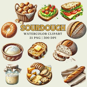 Sourdough Bread Watercolor Clipart | 21 PNGs | 300 DPI Digital Art for Baking Projects, Crafts & Commercial Use | Rustic Bakery Digital Art