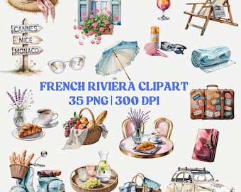 French Riviera Clipart Set: Vintage Summer Travel PNGs (Commercial Use, 300 DPI, Digital Download)