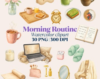 Watercolor Morning Clipart: Cozy Coffee, Self Care (30 PNG)