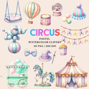 Circus pastel aquarel clipartset | 30 png-afbeeldingen | Commercieel gebruik | Circustent, suikerspin, carrousel | Digitale download | 300 dpi