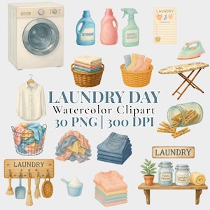 Wäschetag Aquarell Clipart | 30 PNG | 300 DPI | Vintage Wäschekorb, Waschmittel Flaschen, Bügeleisen, Wäscheleine| Kommerzielle Nutzung