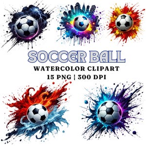 Conjunto de clipart de bola de futebol em aquarela - 15 PNGs vibrantes de esportes, arte de explosão de futebol, tema de futebol, download digital, uso comercial