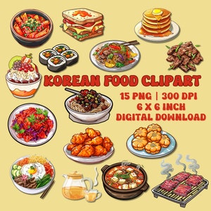 Korean Food Clip Art | 15 PNG Images | Commercial Use | Digital Download | Asian Cuisine, Kimchi, Bibimbap, Tteokbokki, Food Illustration