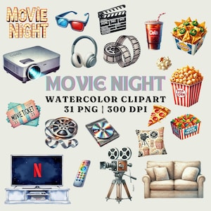 Clipart de acuarela para una noche de cine, 31 PNG, 300 DPI, palomitas de maíz, gráficos de cine y películas, elementos de sala de cine, uso comercial, descarga instantánea