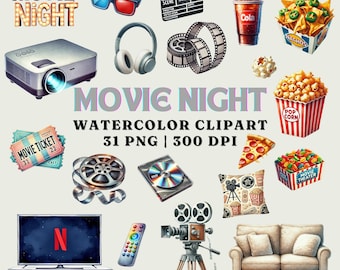 Movie Night Watercolor Clipart: Cinema Graphics (31 PNGs) (Instant Download)
