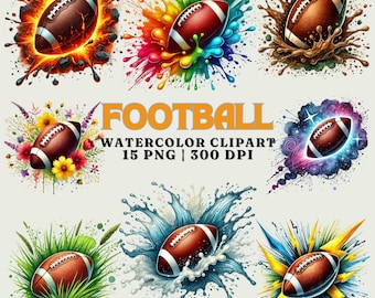 Watercolor Football Clipart: Sports Art Graphics (15 PNGs) (Digital Download)