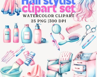 Conjunto de clipart de cabeleireiro em aquarela: ferramentas e produtos de salão (download digital)