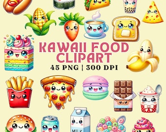 Kawaii Mat Clipart – Tecknade PNG-klistermärken, 45 designer (300 DPI)