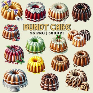 Gugelhupf Aquarell Clipart - 25 PNGs, 300 DPI | Dekorative Torten-Designs für Bastelarbeiten, Einladungen & DIY-Projekte | Kommerzielle Nutzung