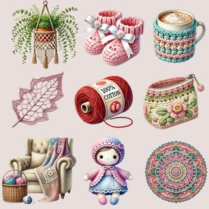 May include: A collection of crocheted items including a mug cosy, a doll, a wall hanging, a ball of yarn, a bag, a leaf, and a mandala. The items are all in shades of pink, white, and brown.