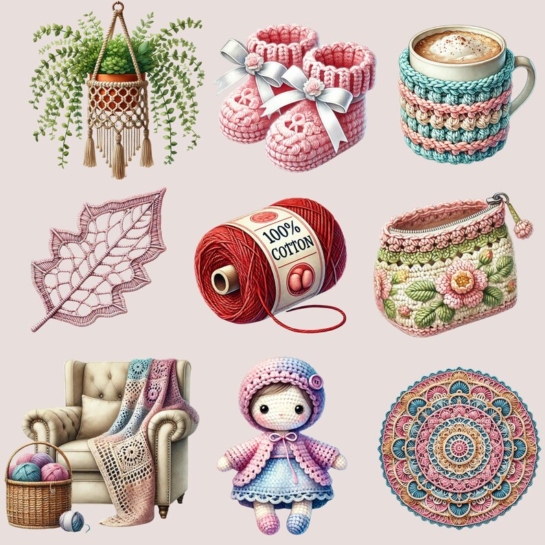 May include: A collection of crocheted items including a mug cosy, a doll, a wall hanging, a ball of yarn, a bag, a leaf, and a mandala. The items are all in shades of pink, white, and brown.