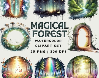 Conjunto de imágenes prediseñadas de acuarela de bosque mágico: Arte de hadas (25 PNG) (Descarga digital)