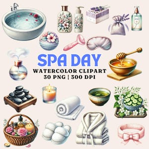 Pacote de clipart em aquarela para spa - 30 arquivos PNG, 300 DPI, elementos de spa de relaxamento, uso comercial, ilustrações de autocuidado, gráficos de bem-estar