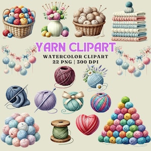 Clipart de fil aquarelle, 22 fichiers PNG, 300 DPI, fournitures de crochet pour tricot, jolies boules de laine, usage commercial, imprimés créatifs, décoration Art numérique