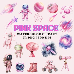 Rosa Weltraum Aquarell Clipart Set, 32 PNG hochauflösende 300 DPI, niedliche kosmische Elemente, Astronauten, Raketen, kommerzielle Nutzung, digitaler Download