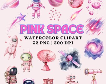 Rosa Weltraum Aquarell Clipart Set: Kosmische PNG Elemente (Digitaler Download)