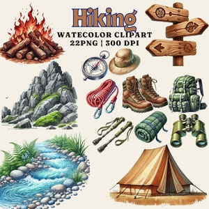 Conjunto de imágenes prediseñadas de acuarela de senderismo / 22 imágenes PNG / Uso comercial / Equipo de acampada, elementos de la naturaleza, aventura al aire libre / Descarga digital / 300 DPI
