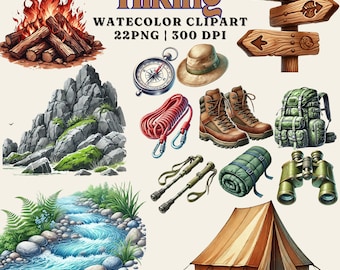 Aquarell Wandern Clipart Set: Natur & Camping PNG Bilder (Digital Download)