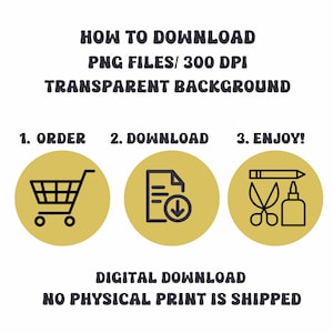 K&ouml;nnte beinhalten: Eine gelbe Grafik mit schwarzem Text, die erkl&auml;rt, wie man PNG-Dateien mit transparentem Hintergrund herunterl&auml;dt. Die Grafik enth&auml;lt drei Symbole: einen Einkaufswagen, ein Dokument mit einem Download-Pfeil und einen Bleistift, eine Schere und eine Kleberflasche.