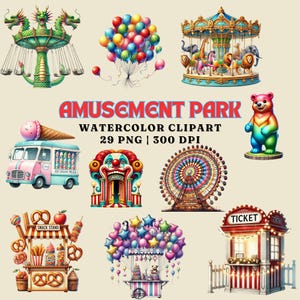 Amusement Park Watercolor Clipart Set | 29 PNG | 300 DPI | Ferris Wheel, Balloons, Carousel, Ice Cream Truck | Commercial Use| 300 DPI