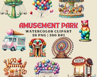 Amusement Park Watercolor Clipart Set: Ferris Wheel, Carousel (29 PNG) (Digital Download)