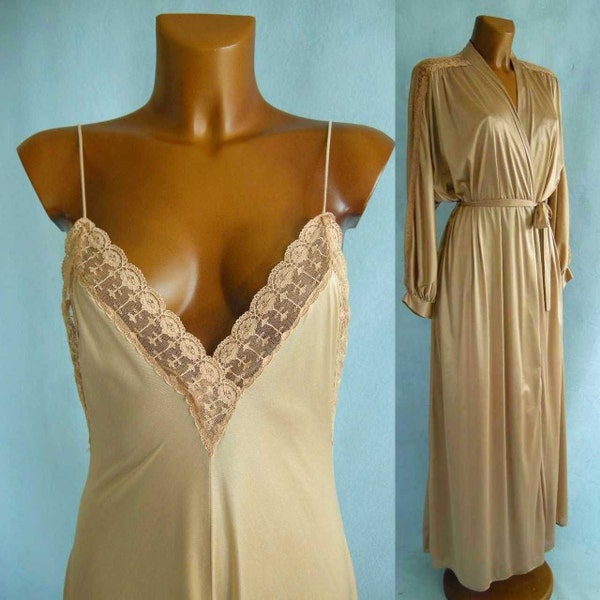 CARAMEL Peach Silky Vintage Peignoir Nightgown Set S