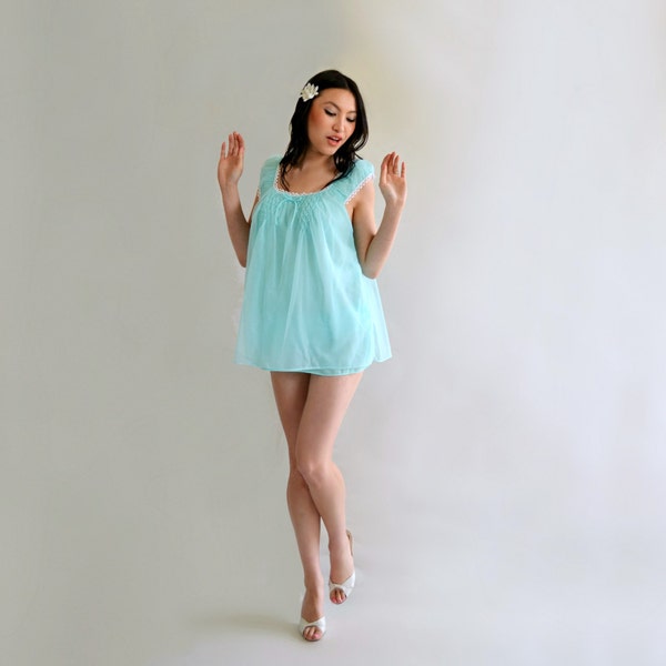 ICE Blue Chiffon  Vintage Babydoll Nightgown Mini Smocking Pearls Panties Set M