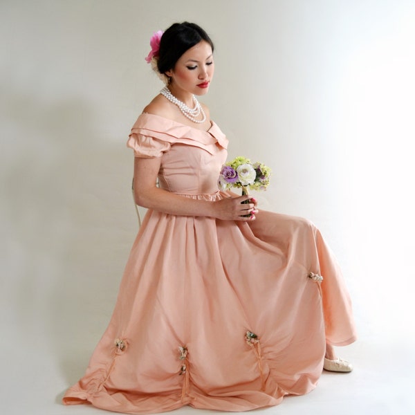 Southern Belle Princess Prom Dress Vintage 50s Peach Party S Tiers and Swags