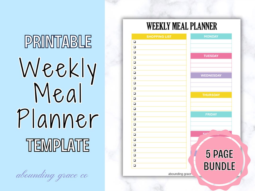 Weekly Meal Planner Template Printable Bright Colors - Etsy
