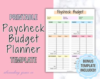 Puede incluir: Una plantilla imprimible de planificador de presupuesto de nómina con un fondo rosa. El planificador incluye secciones para ingresos, facturas, pagos de deudas, ahorros, gastos y un resumen. El texto "Paycheck Budget" está en la parte superior.
