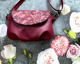 Deep red floral embossed vinyl vegan faux leather crossbody or clutch small bag