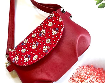 Red retro vintage inspired floral vegan faux leather crossbody or clutch small bag