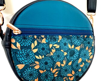 Vegan faux leather pleather blue floral drum bag with rose gold hardware