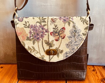 Vintage inspired tapestry floral insect vegan bag crocodile faux leather