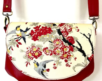 Red bird and blossom vintage inspired floral vegan faux leather crossbody or clutch small bag