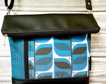 Vegan Faux leather Cross body zipped Inge bag featuring blue Nordic leaf geometric fabric