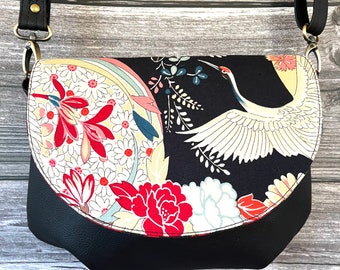 Crane and blossom vintage inspired Japanese floral vegan faux leather crossbody or clutch small bag