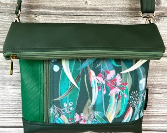 Vegan Faux leather Cross body zipped Inge bag featuring pretty Australian bush flower fabric