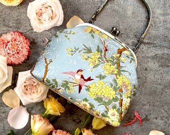 Vintage style floral bird fabric vegan clip/ kiss lock bag