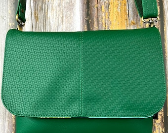 Mini Marlin satchel bolso vegano de piel sintética con tejido verde bandolera bandolera correa ajustable bandolera