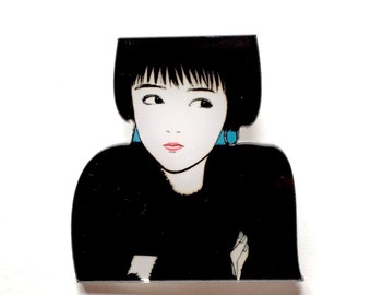 Acrylic eighties inspired brooch featuring and girl for woman free shipping