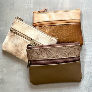 Small vegan two zip purse pouch in gold, copper and coffee