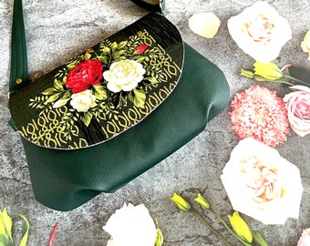 Large Green rose retro vintage inspired floral vegan faux leather crossbody or clutch small bag