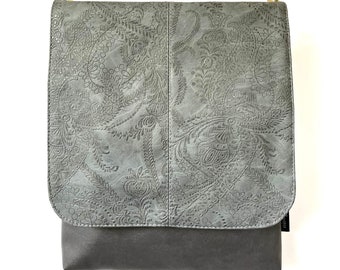 Embossed grey coloured vegan leather cross body bag