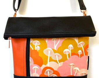 Vegan Faux leather Cross body zipped Inge bag featuring orange mushroom fabric and rose gold hardware