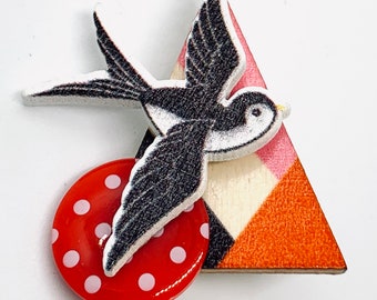 Swallow brooch bright coloured happy bird spot button pin